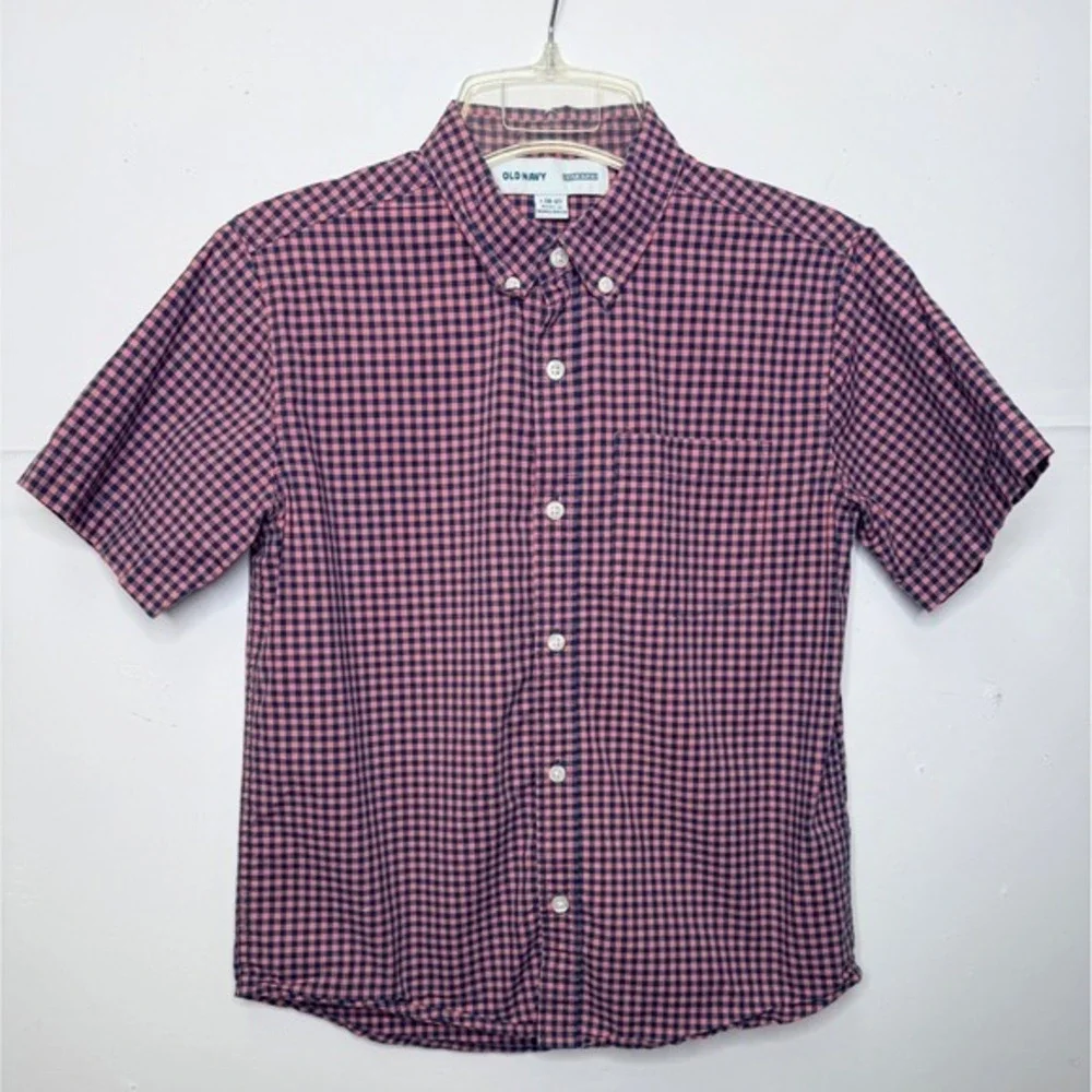 Old Navy Cotton Button Down Shirt Boys L 10-12 Pink Navy Gingham Flex‎ Preppy